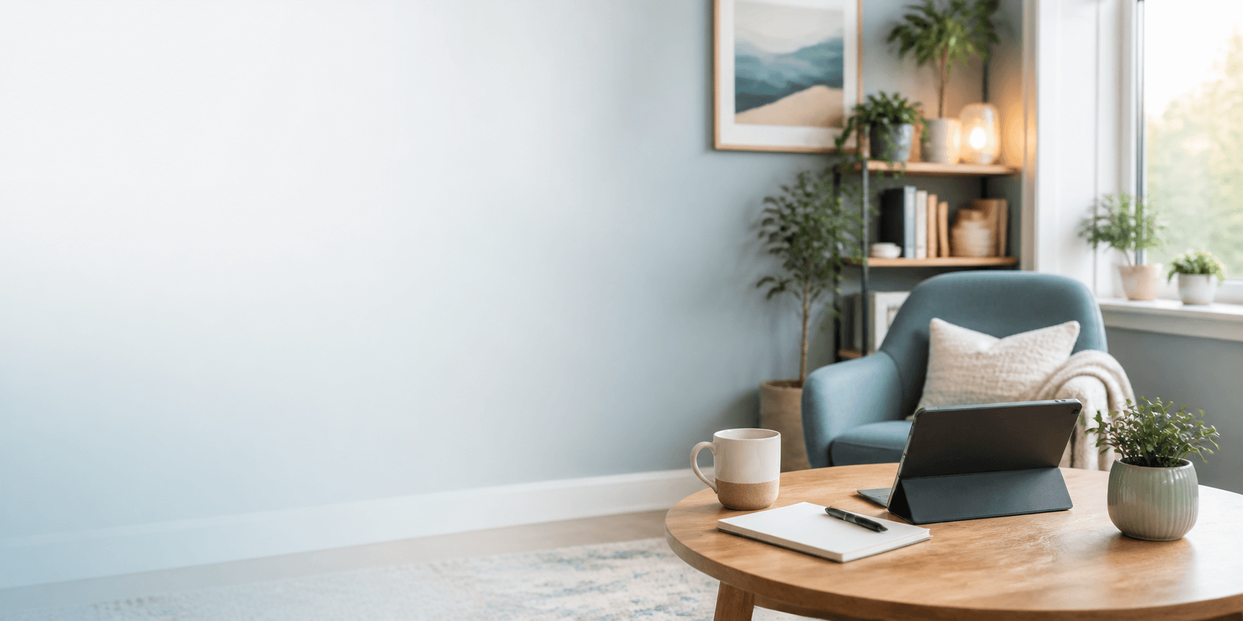 Calm telehealth and mental wellness office setting